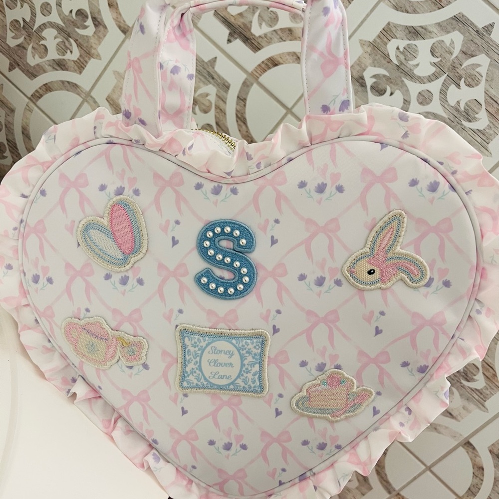 Brand-new stony Clover Lane high tea heart mini tote with patches sewn on